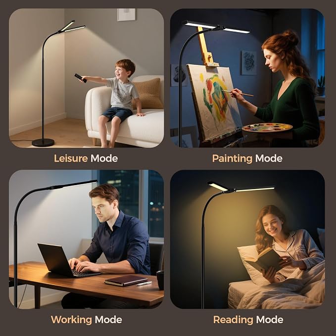 LED Floor Lamp for Living Room,Bright Reading Lamps for Office | 5 Adjustable Colors Temperatures&Brightness, Dual Head Goose-Neck Standing Lamp, Remote Control, Eye Caring Tall Lamp, Black
