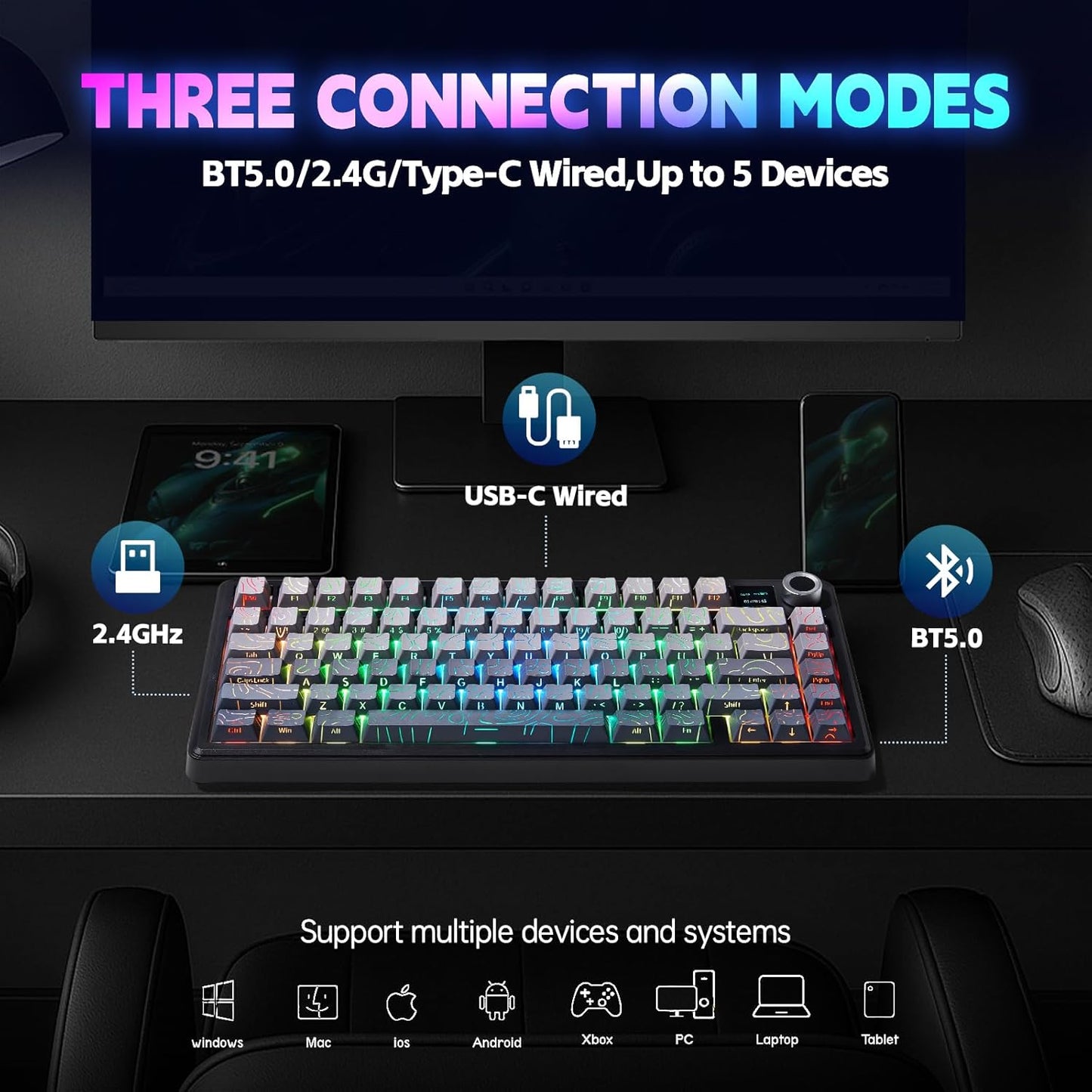 x Aula F75 MAX Wireless Gaming Keyboard w/Smart Display & Knob,75% Hot Swappable Custom Mechanical Keyboard, RGB Backlit,Pre-lubed Linear Switches,Side Printed PBT Topographic Keycaps(Grey)