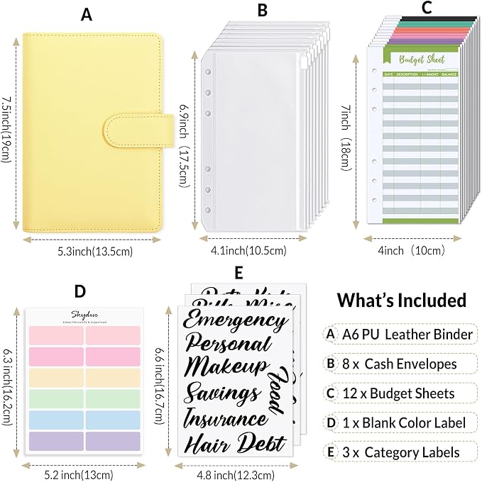 SKYDUE Budget Binder with 8pcs Zipper Envelopes, Money Organizer for Cash with 12pcs Expense Budget Sheets & 24 Blak Sticky Labels, Budget Book with Cash Envelopes, Yellow, A6 (1008HYJ-HZ_A6Yellow)