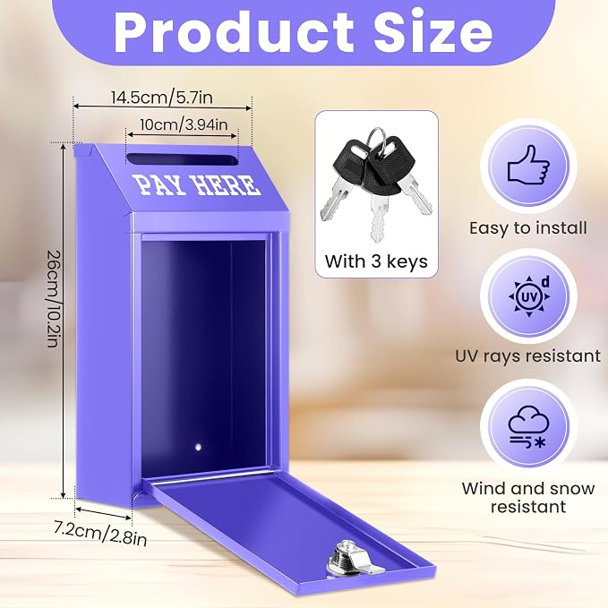 Yaocom Safe Metal Cash Box for Farm Stand – Money Drop and Secure Donation Collection, Wall Mount Lockable Unit with Pre Drilled Holes for Outdoor Self Serve(Purple,10.2 x 5.7 x 2.8 Inch)