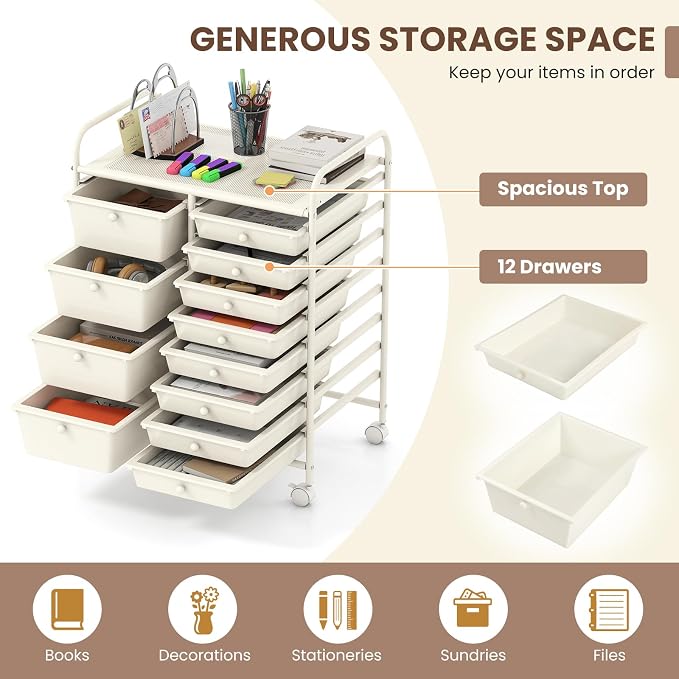 COSTWAY 12 Drawer Rolling Storage Cart, Utility Cart with Metal Frame | Mobile Art Supply Craft Organizer, Multipurpose Storage Organizer for Paper, Office, School Teacher, Classroom, White