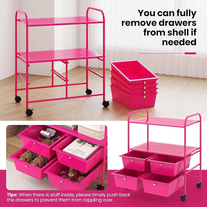 Giantex Rolling Storage Cart w/ 4 Drawers 2 Shelves Metal Rack Shelf Home Office School Beauty Salon Utility Organizer Cart with Wheels, Hot Pink