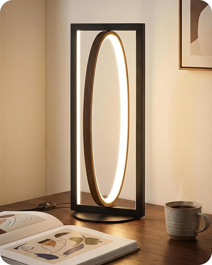 Modern LED Table Lamp, Dimmable Minimalist Bedside Lamp, 3 Color Temperatures, Angle Adjustable, Cute Desk Lamp, Nightstand Lamp for Living Room, Bedroom, Office, Black and Walnut K62TL05