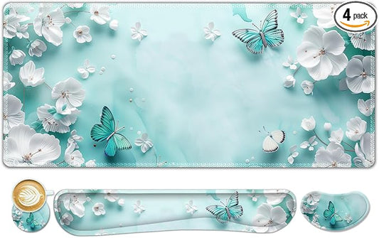 ToLuLu Large Mouse Pad Desk Pad, Wrist Rest Desk Mat for Keyboard and Mouse | 4PCS 35.4”x15.7" XXL Giant Mouse Pad, Non-Slip Base Stitched Edges Mousepad for Home Office, Teal Butterfly