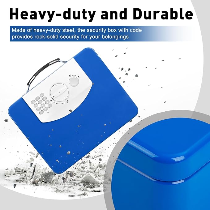 KYODOLED Blue Safe Box with Digital Keypad Lock, Lock Box with Code for Personal Items, Metal Security Box for Cash, Passport, Jewelry, Ideal for Home, Office, Garage Sale, 11.8'' x 9.4'' x 3.5''