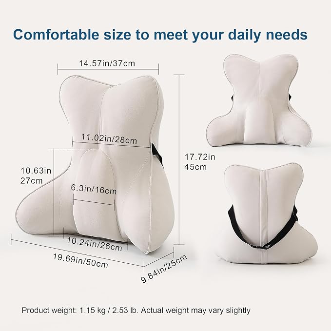 Lumbar Support Pillow(Pat. Pend) – Multi-Functional Ergonomic Back Cushion for Sofa Chair, Car Seat & Sofa, Reading Pillow with Firm Multi-Zone Support to Relieve Lower Back Pain, Misty White