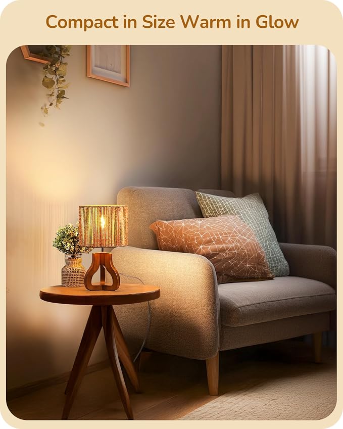 EDISHINE Small Table Lamp, Rose Wood Base, Handwoven Paper Rope Shade, E26 | Tripod Base Nightstand Lamp, On-Off Line Switch, 14.6" Rattan Bedside Lamp for Bedroom Living Room, Office