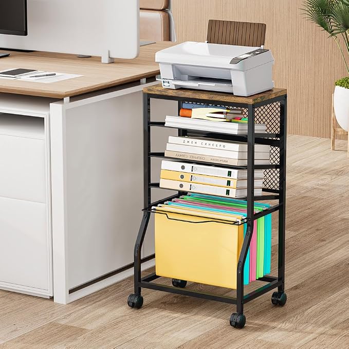 INGIORDAR 5 Tier Rolling File Cart Sliding Hanging Folder Storage Wheels | Under Desk Storage Organizer On Lockable Wheels Mesh Sliding Trays Multifunctional Clutter Cart for Office School Home