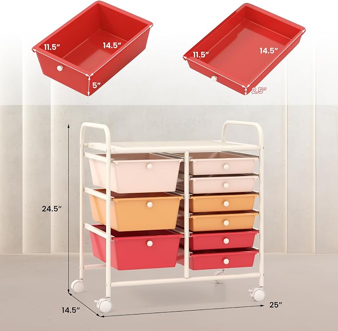 RELAX4LIFE 9 Drawer Rolling Storage Cart - Mobile Drawer Carts for Craft Art Supply Paper Salon, Utility Cart on Wheels for Classroom Teacher School Office, Rolling Cart with Drawers (Macaron)