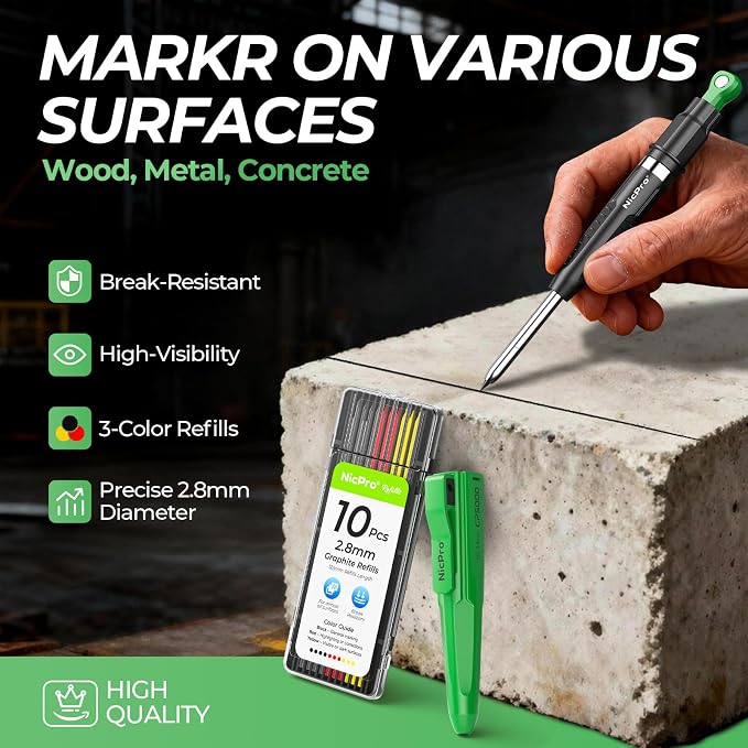 Nicpro CP5000 Magnetic Carpenter Pencils with Sharpener & Holster, 1 Pack | 2.8mm Construction Pencil+10 Refill, 7-in-1 Deep Hole Marker for Construction, Woodworking Pencil with Magnet Pickup Cap