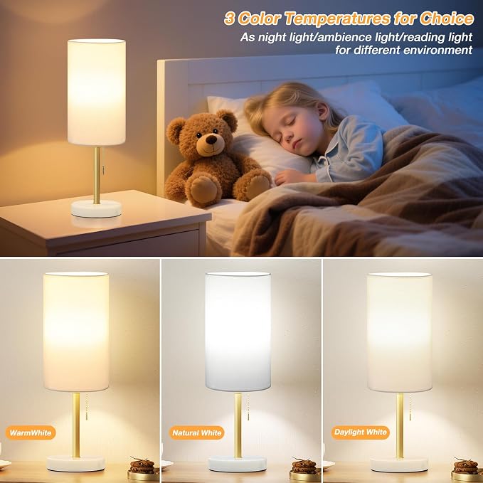 Dicoool 17" Bedside Table Lamp for Bedroom, Marble Desk Lamp with USB Ports | 17" Tall Night Stand Lamp, Luxury Marble Base, USB A+C Ports, 3 Color Temperatures, LED Bulb Included