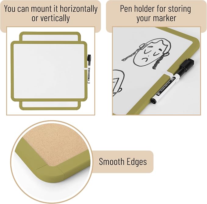Mr. Pen- Dry Erase Board, 14” x 11” with a Black Dry Erase Marker | Olive Green Frame, Small Mini White Board for Students, Fridge, Wall, Locker, Includes Double Sided Tapes