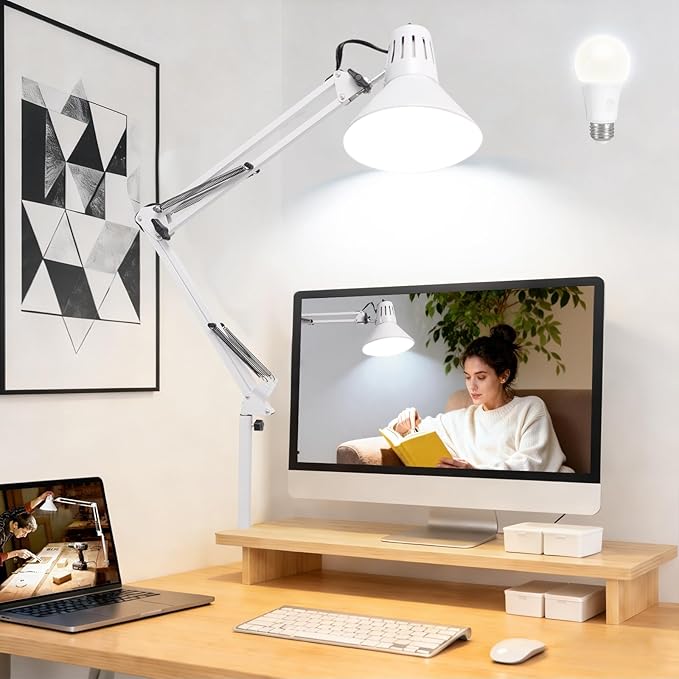 White Desk Lamp with Clamp, Extra-Tall Adjustable Metal Swing Arm, 5000K | Manicurist Table Lamp for Nail Work, Drafting, Sewing, Crafting, College Dorm and Home Office, A19 Bulb Included