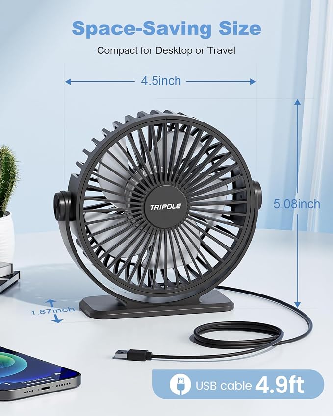 TriPole USB Desk Fan Small Portable, 360° Rotation Quiet Mini Personal Fan | Black, 3 Speeds Plug In USB Fan, Desk Fans Small Quiet, 4.9ft Cable, Strong Breeze for Desktop Bedroom Office Table Travel