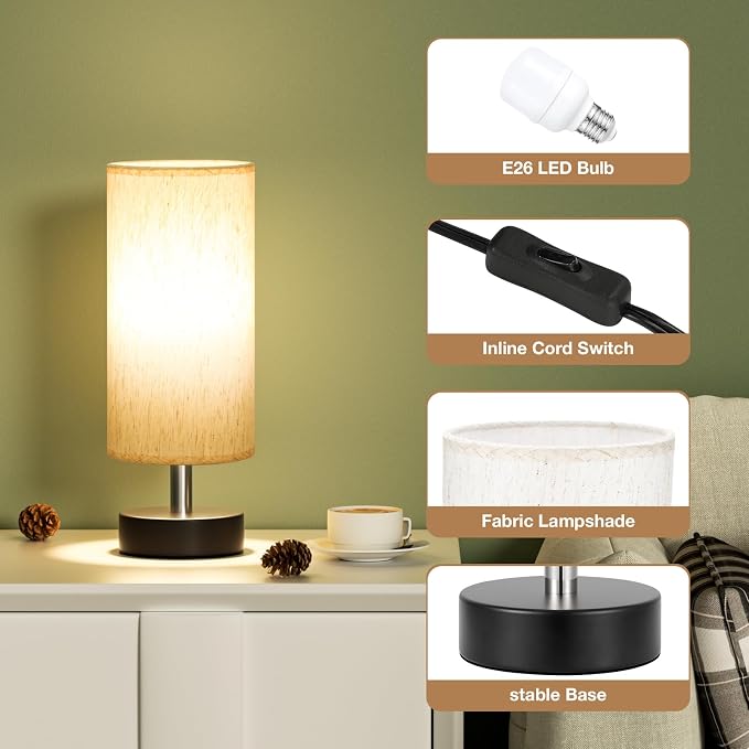 Table Lamp for Bedroom - Bedside Lamps for Night Stands（Blub Included） | Minimalist Desk Lamp | Linen Fabric Shade | for Living Room | for Dorm | 11.6" Inline Control