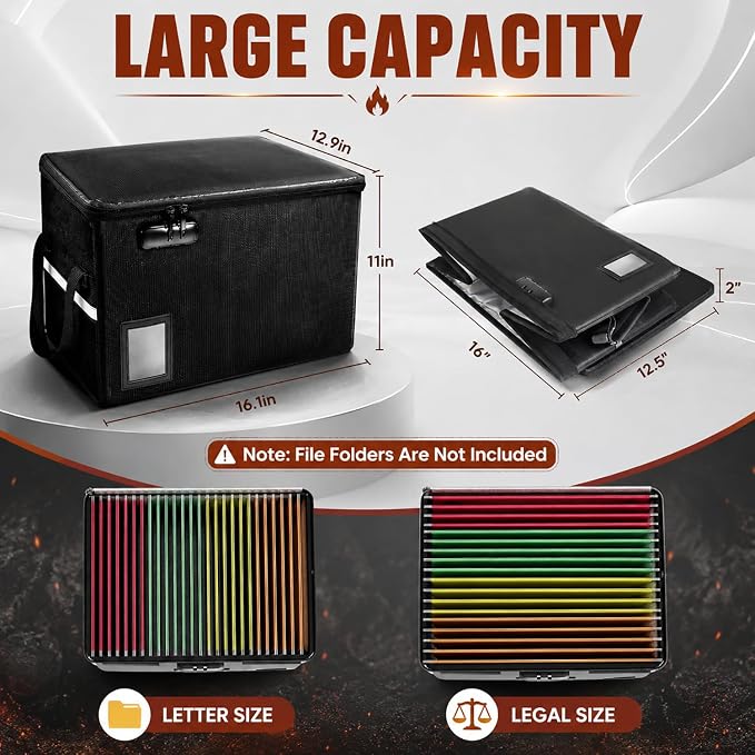 File Box with Lock 5200°F with Heat Insulated, Large Fireproof Box File Storage Organizer Anti-Static,Collapsible Fireproof Document Filing Box with Handle,Portable Home Office Safe