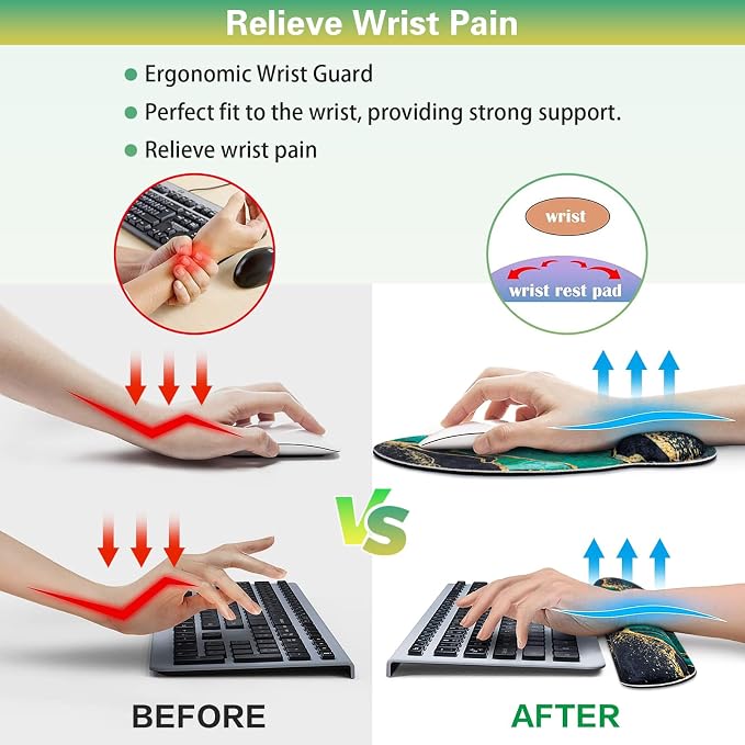 Mouse Pad Green with Wrist Rest Set, 3-in-1 Wrist Support Mousepad | Gaming Mat Pad with Anti-Skid Base,Ergonomic Mouse Pad ,Memory Foam Gel Wrist Rest for Computer Keyboard
