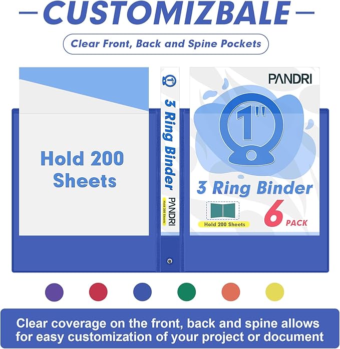 3 Ring Binder 1 Inch, PANDRI 6 Pack 1-Inch Binder Fits Letter Size 8.5'' x 11'' Paper, Versatile Binders for Office Home School, 2 Pockets, Assorted 6 Color