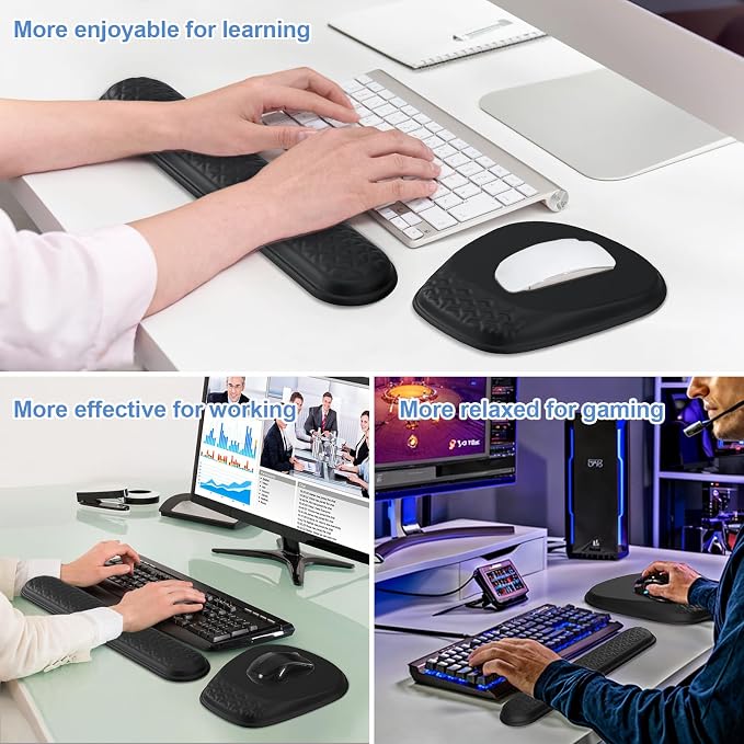 Ergonomic Mouse Pad with Wrist Rest, Memory Foam Support for Office | Sloped Ergonomic Design, Bumpy Massage Beads, Non-Slip PU Base, for Typing & Gaming, Black