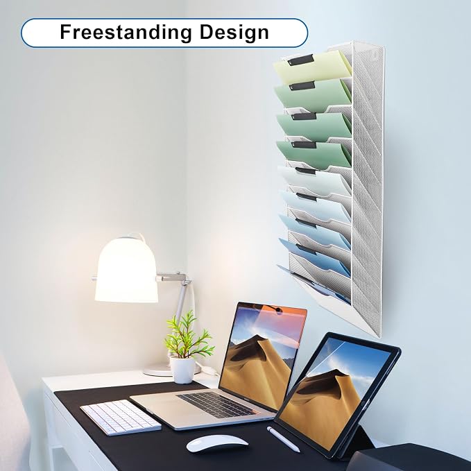 10 Pocket Mesh Hanging Wall File Organizer, Wall Mounted Mail Paper Document Folder Holder, Clipboard Storage Organization Magazine Rack with Nametag Label for Office Home School, White