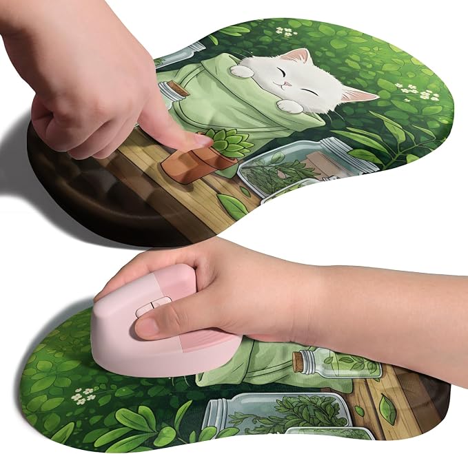 Ergonomic Joint Wrist Support Mouse Pad with Memory Foam Cushion Massage Bump, Carpal Tunnel Pain Relief Mousepad Slope Design for Wrist Rest, 11.8x7.9 in, Cute Kitten