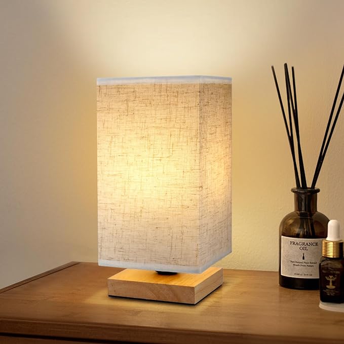 Small Square Bedside Table Lamp for Bedroom, Minimalist Wood Base & Round Fabric Shade, Mini Cute Cozy Warm Nightstand Boho Lamp, Study Desk Night Stand Light for Room, Dorm, Nursery, Living Room