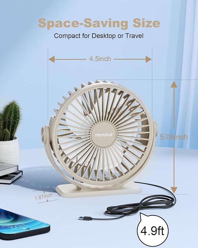 TriPole USB Desk Fan Small Portable, 360° Rotation Quiet Mini Personal Fan | Beige, 3 Speeds Plug In USB Fan, Desk Fans Small Quiet, 4.9ft Cable, Strong Breeze for Desktop Bedroom Office Table Travel