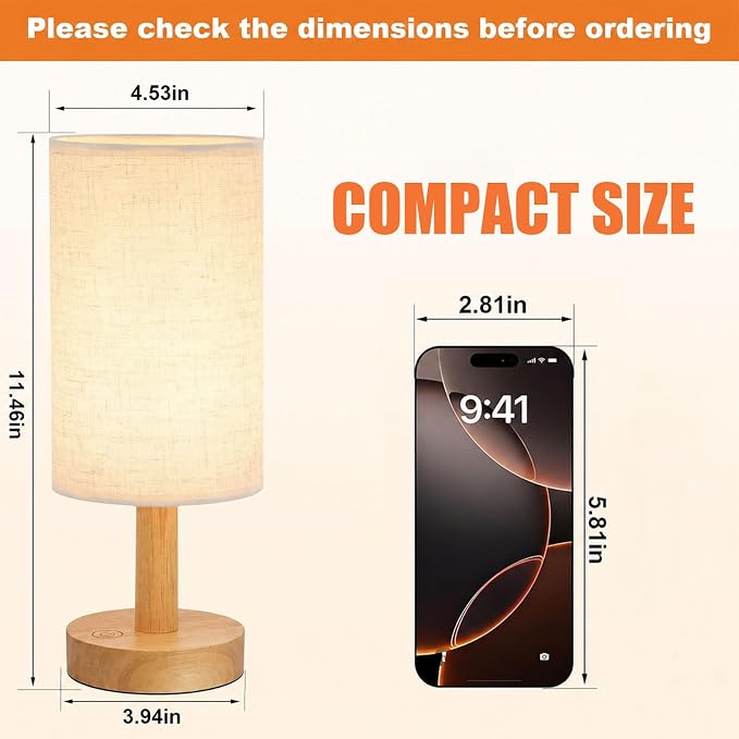 Rechargeable Cordless Touch Table Lamp with Stepless Dimming,Natural Wood Base&Linen Shade,Small Battery Wireless Ambient Night Light for Bedroom,Bedside,Nightstand,Nursery,Kitchen,Camping,Outdoor