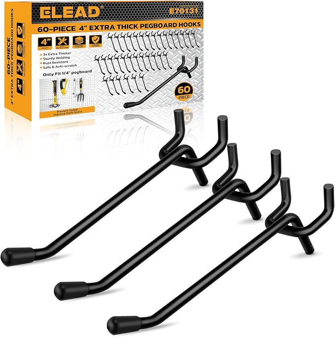 ELEAD 60-Piece 4 Inch Extra Thick Pegboard Hooks, Heavy Duty Peg Board Organizer Accessories, Peg Board Tool Hangers Fit for 1/4" Pegboard Hanging Tools Garage, Workshop, and Craft Storage