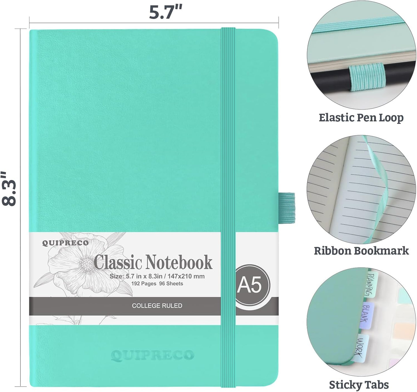 Lined Hardcover Journal Notebook, A5 192 Pages 100Gsm Thick Paper College Ruled for School,Note Taking,Work,Diary，5.7''*8.3'',Light Green