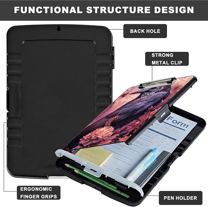 Clipboard with Storage,Storage Clipboard with Pen Holder,Heavy Duty Plastic Storage Clipboard with Low Profile Clip,Teacher Must Haves,Clipboard Folder,Office Supplies,Crows and Flowers -1344