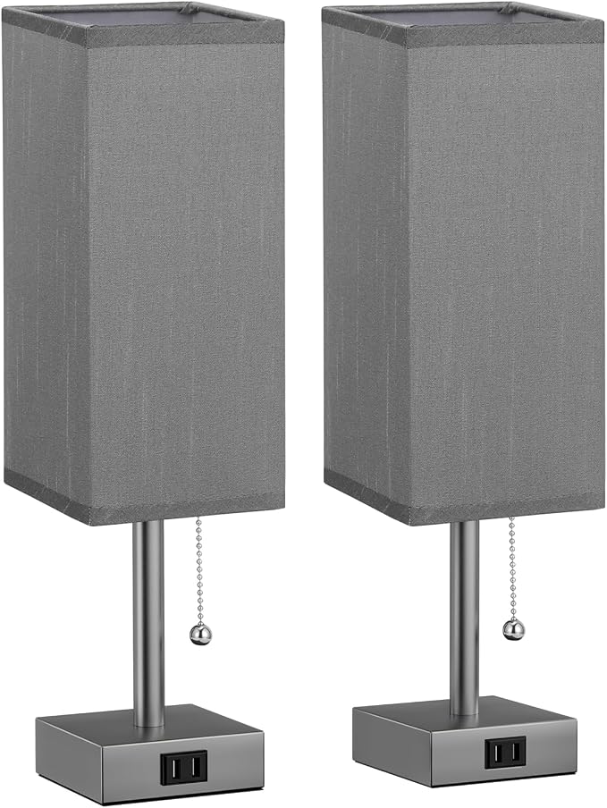 Bedside Lamp for Bedroom Set of 2 - Grey Table Lamp for Nightstand | AC Outlet, 3 Color Temperatures, LED Bulb Included, Pull Chain Design, 14" Rectangular Desk Lamp for Dorm/Office, 2-Pack