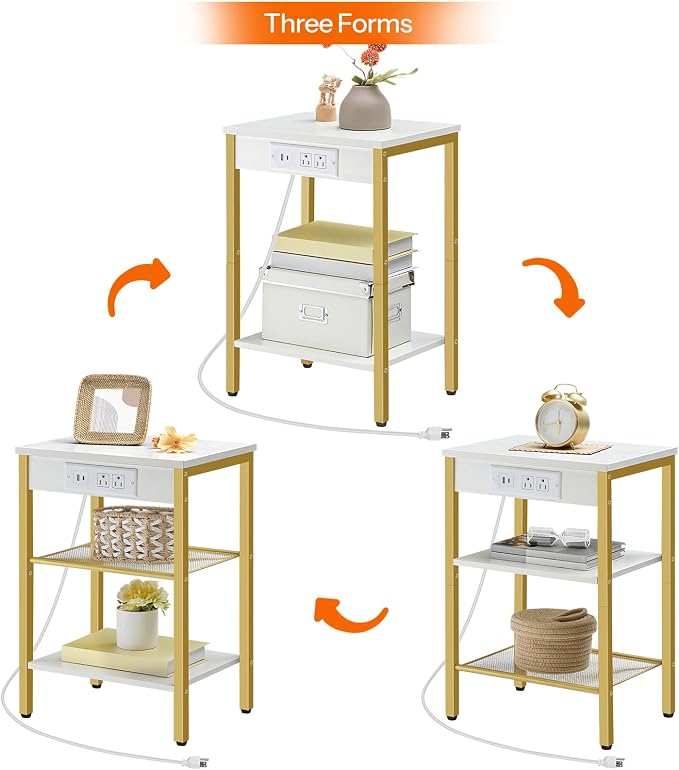 HOOBRO Side Tables Set of 2 with Charging Station and USB Port, Small End Tables for Small Space, 3-Tier Nightstands with Adjustable Shelf, for Living Room, Bedroom, White and Gold DW112BZP201G1