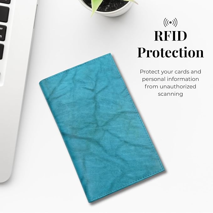 20 Card Wallet for Men, Long RFID Leather Credit Card Holder, Peacock Blue | 2 Bill Compartments | ID Window | Open Bifold | Organized Carry | Jacket Friendly