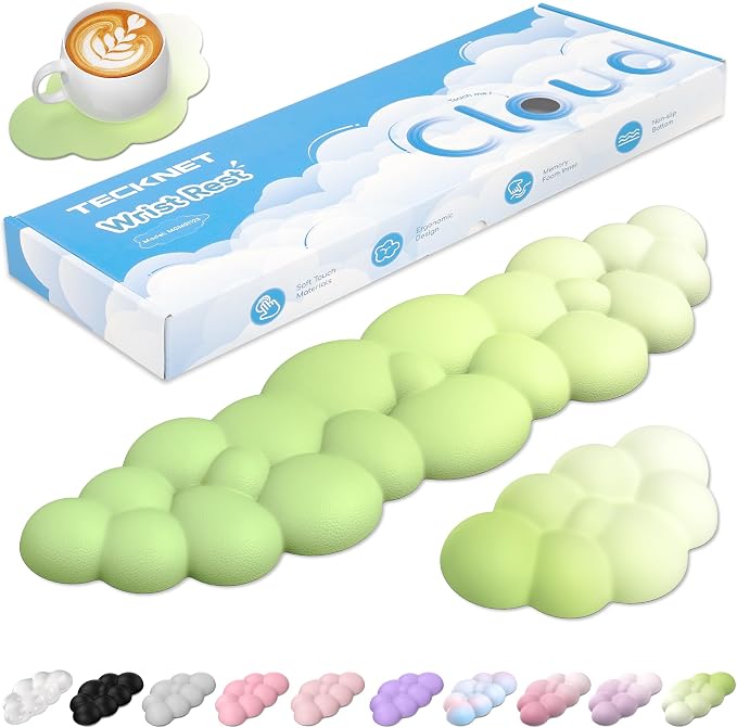 TECKNET Cloud Keyboard Wrist Rest Set, Cloud Wrist Rest with Non-Slip Base, PU Leather Wrist Pad for Keyboard with Ergonomic Memory Foam for Computer Laptop Gaming & Pain Relief, Gradient Green