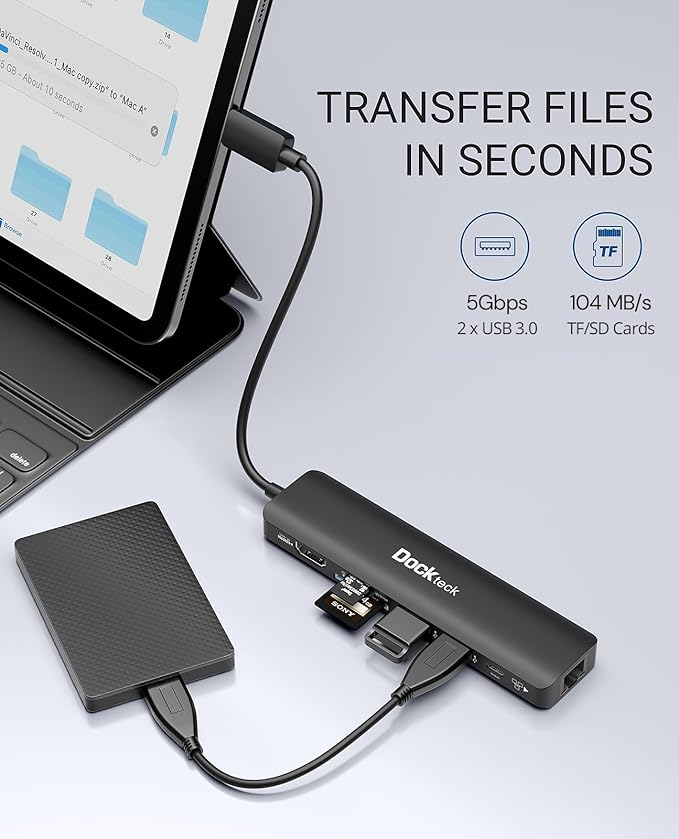 USB C Hub 4K 60Hz, Dockteck 7-in-1 USB C PD Ethernet Hub Dongle with 4K 60Hz HDMI, 1Gbps Ethernet, 100W PD, 2 USB 3.0, SD/Micro SD for MacBook Air/Pro M1 2020, iPad Pro 2021, iPad mini 6 and More