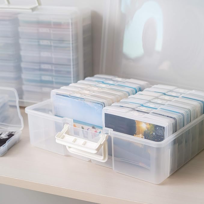 IRIS USA 4" x 6" |Made in USA| Photo Organizers and Picture Storage Box with Handle, 16 Inner Cases/Containers for Tasks, Stickers, Ephemera, & Flashcards - Clear