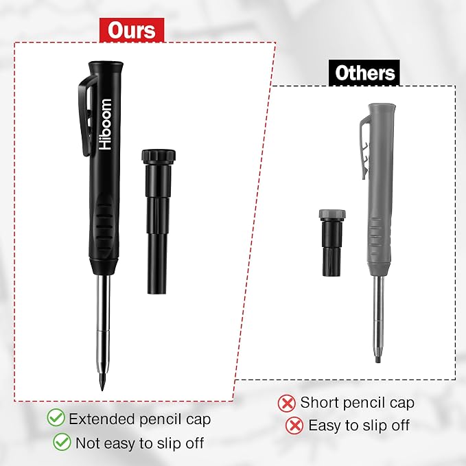 Hiboom Mechanical Carpenter Pencil with 7 Leads, Deep Hole Marker, Black | Built-In Sharpener, Long Nose Construction Pencil, Pocket Clip Design, Woodworking Tools, Marks on Various Surfaces