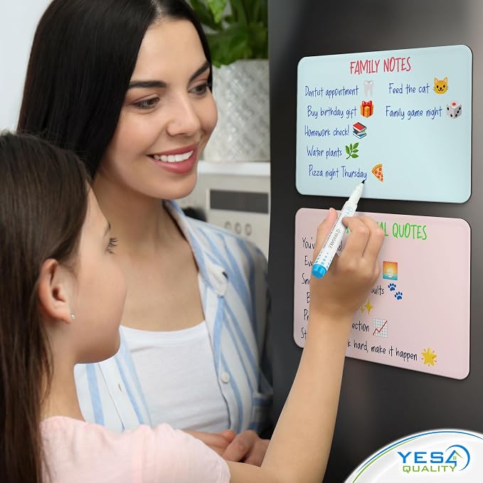 12x8” Magnetic Dry Erase Whiteboards Set for Fridge w/ 4 Markers & Eraser | Yes4Quality, 3 Multicolor White Board Sheets, Stain-Resistant, Sticks to Most Refrigerators, Colorful Markers, Magnet Eraser