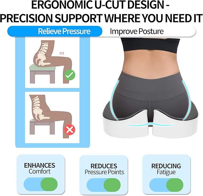 Office Chair Cushion with Coccyx Cutout & U-Shape Design, 2.8" Memory Foam for Back Pain Relief - Ergonomic Seat Pad, Removable Cover, Universal Fit