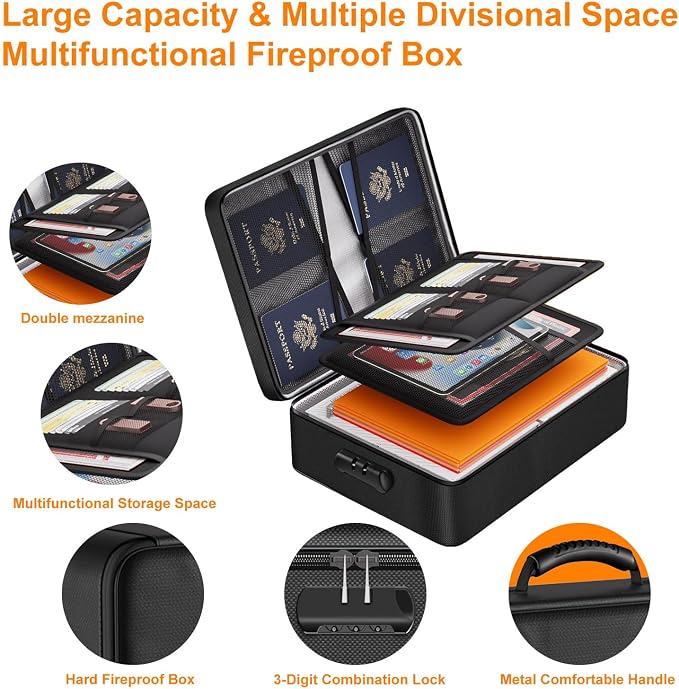Fireproof File Organizer with Lock, Document Box with 13 Pockets | 5200℉ Multi-Layer File Organizer Box with Lock,Portable Home Travel Safe Storage for Important Documents and More