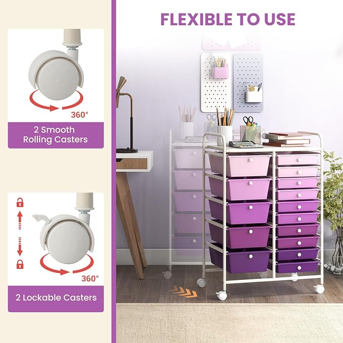 15 Drawer Rolling Storage Cart, Rolling Cart with Drawers for Classroom, Art Supply Craft Organizer on Wheel with Metal Frame & Handles for Home Office School