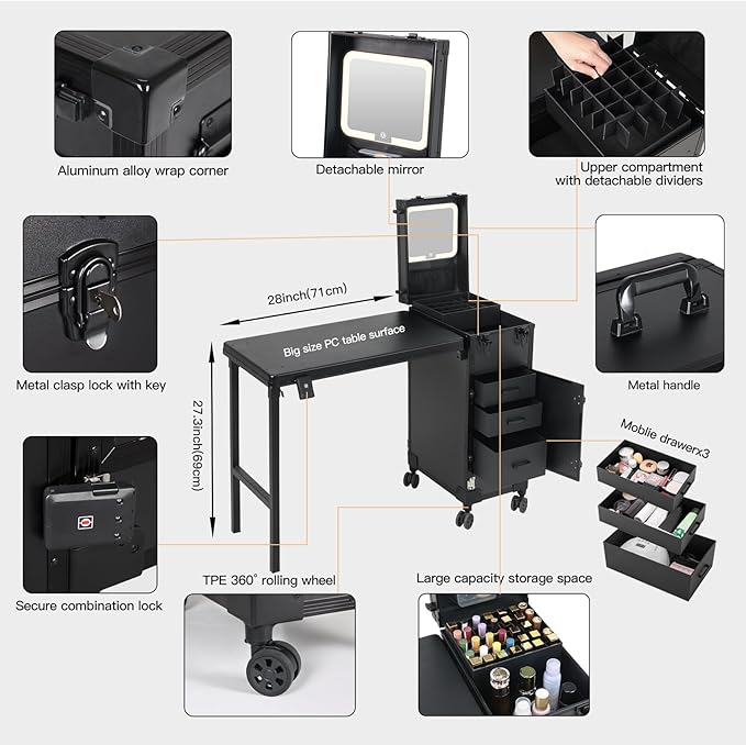 Rolling Portable Manicure Table with 3 Drawers, Lockable Makeup Train Case with Detachable Mirror, Foldable Nail Desk with Wheels & Handle, Mesa de Uñas Profesional para Nail Techs & Salon Use, Black