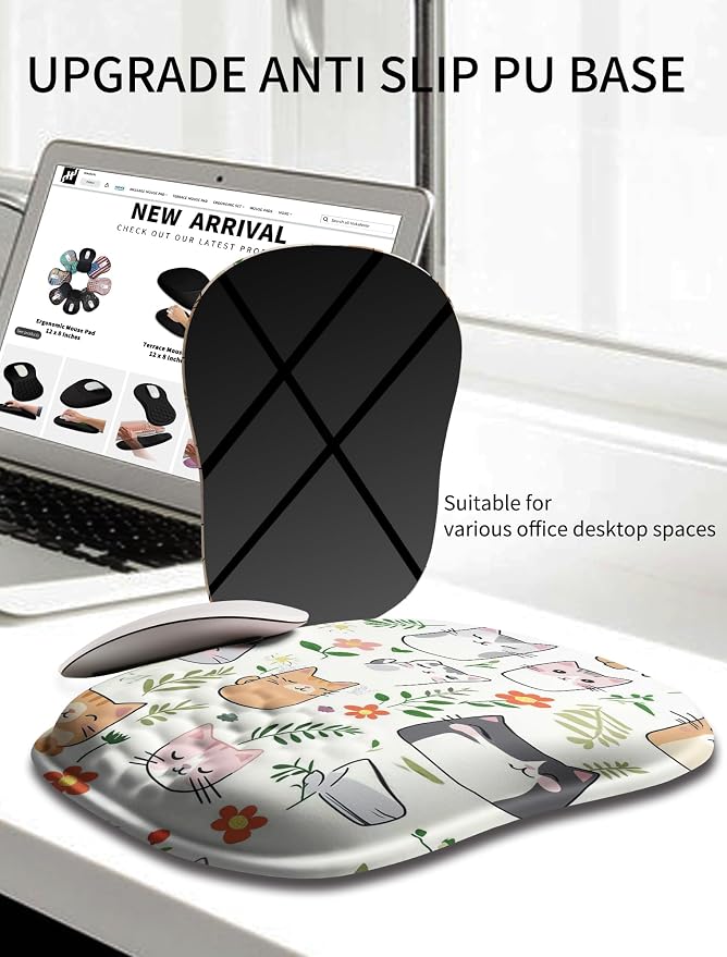 Hokafenle Ergonomic Wrist-Hugging Mouse Pad Wrist Support, U-Shaped Holding Wrist Rest Mousepad for Carpal Tunnel Pain Relief with Cushioned Memory Foam Slope Massage Bulge (10.2x8.3 in,Cute Cat)