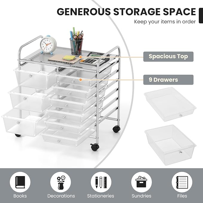 9 Drawer Rolling Storage Cart, Rolling Cart with Drawers for Classroom, Art Supply Craft Organizer on Wheel with Metal Frame & Handles for Home Office School