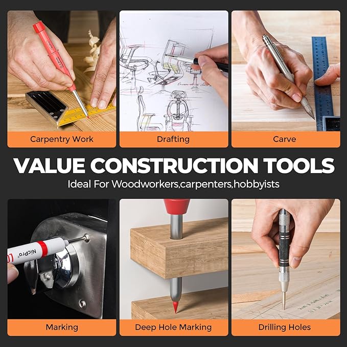 Nicpro 36PCS CP3000 Mechanical Carpenter Pencil Set with Sharpener & Sheath | 85 Refills, 6PCS Long Nib Marker, Center Punch, Carbide Scribe Tool, Heavy Duty Construction Pencil for Architect Woodworking