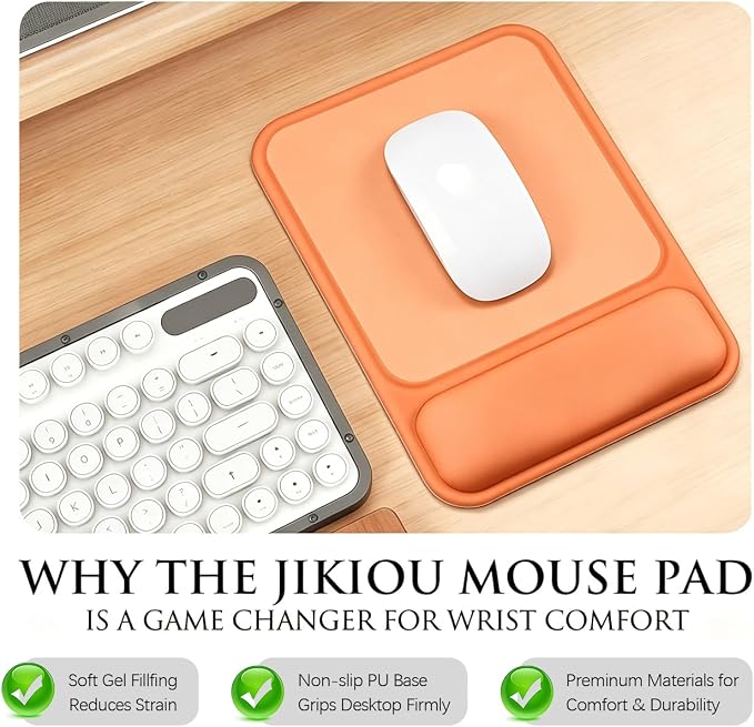 JIKIOU Ergonomic Mouse Pad with Gel Wrist Rest, 10 x 7.25 in, Orange | 40% Larger Rectangular Design-No More Hitting Edges Mid-glide, Savior of Pain Relief, Smooth Lycra Surface, Non-Slip PU Base
