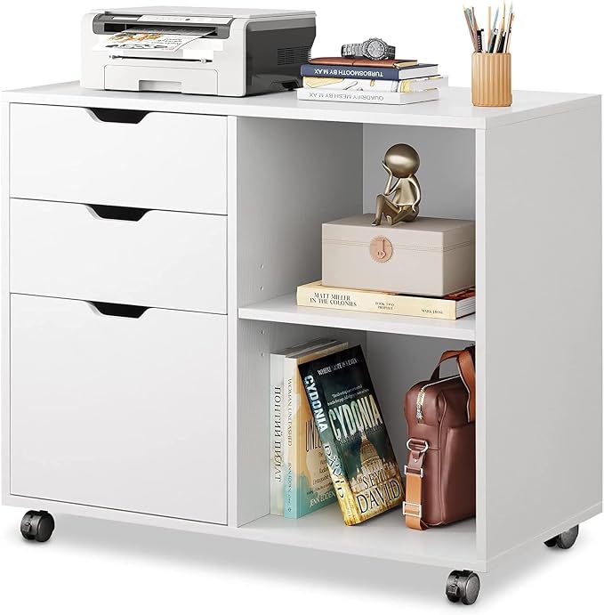 DEVAISE 3 Drawer File Cabinet, Lateral Filing Cabinet White | Mobile Printer Stand, Open Storage Shelves, Letter & A4 Compatible, Wood, Home Office