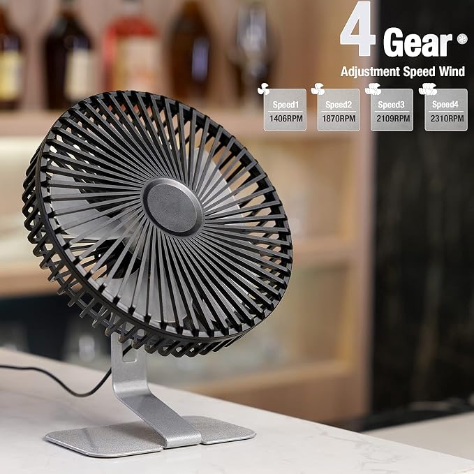 SLENPET 6-inch USB Small Desk Fan, 4 Speeds, Powerful Desktop Table Fan | Ultra-quiet, 90° Adjustment for Better Cooling, Portable Mini Personal Fan for Home Office, Metal Base, Silver
