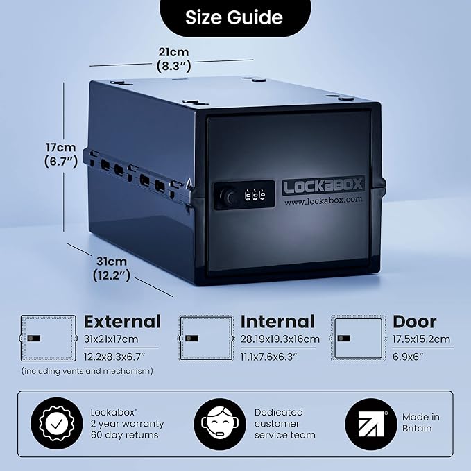 Lockabox One™ | Compact and Hygienic Lockable Storage Box for Food, Medicines, Tech and Home Safety | One Size 12 x 8 x 6.6 inches externally (Jet)